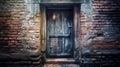 Ancient wooden door with lock in old stone wall. Old and worn door in a historic building.