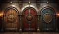 Ancient wooden door with ornate metal decoration and elegant entrance generated by AI Royalty Free Stock Photo