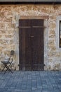 Ancient wooden door in stone castle wall. israel Royalty Free Stock Photo