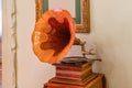 Ancient wooden gramophone. The Gramophone or phonograph is a device for the mechanical recording and reproduction of sound