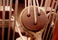 Ancient wooden sailboat pulleys and ropes Royalty Free Stock Photo