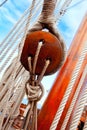 Ancient wooden sailboat pulleys and ropes Royalty Free Stock Photo