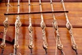 Ancient wooden sailboat pulleys and ropes Royalty Free Stock Photo