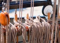 Ancient wooden sailboat pulleys and ropes detail Royalty Free Stock Photo