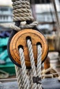 Ancient wooden sailboat pulleys