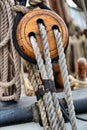 Ancient wooden sailboat pulleys