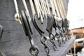 Ancient wooden sailboat pulleys