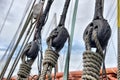 Ancient wooden sailboat pulleys Royalty Free Stock Photo