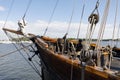 Ancient wooden sailboat pulleys and ropes Royalty Free Stock Photo