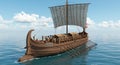 Ancient wooden ship with a single large sail and multiple oars on either side,