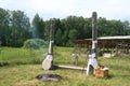 Ancient wooden slavic pagan temple with idols of gods. Heathen temple Royalty Free Stock Photo