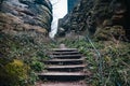 Ancient wooden stairs, mountain stairway Royalty Free Stock Photo