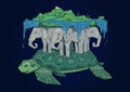 Ancient world model, mythical flat Earth concept. Diskworld resting on elephants and turtle. Flat line vector