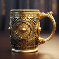 Ancient World Motifs: Gold Coffee Mug In 3d Render On Dark Wood
