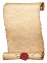 Ancient parchment scroll with wax seal isolated on white Royalty Free Stock Photo