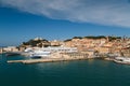 Ancona, Italy - September, 10 2018: Aerial view of cruise ships and ferries docked at the port of Ancona. Bright summer