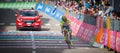 Andalo, Italy May 24, 2016; Professional cyclist passes the finish line of the stage