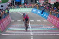 Andalo, Italy May 24, 2016; Professional cyclist passes the finish line of the stage.