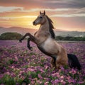 Andalusian horse rears up in field of vibrant flowers Royalty Free Stock Photo
