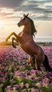 Andalusian horse rears up in field of vibrant flowers Royalty Free Stock Photo