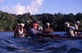 Near Port Blair, Andaman Islands, India, circa October 2002: Fishermen pulling the fishnet from the ocean.