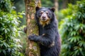 Andean bear clinging to tree in rainforest Royalty Free Stock Photo