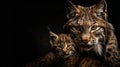 Andean mountain cat and kitten portrait with blank space for text and object on side