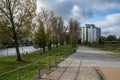 Anderlecht, Brussels Capital Region, Belgium - Cycling path and trees at the banks of the canal