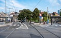 Anderlecht, Brussels Capital Region, Belgium - Tramway track crossing the bridge of the canal with pedestrians and cyclists during