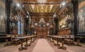 Anderlecht, Brussels Capital Region - Belgium - View over the vintage council chamber with wooden decoration, chandeliers and