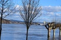Andernach, Germany - 02 04 2021: Rhine flood at harbor Andernach, ships waiting Royalty Free Stock Photo