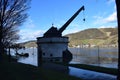 Andernach, Germany - 02 04 2021: Roman crane, Alter Kahnen, in the flood Royalty Free Stock Photo