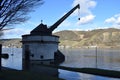 Andernach, Germany - 02 04 2021: ancient Roman crane \' Alter Kahnen \' in the Rhine flood Royalty Free Stock Photo