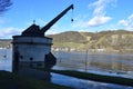 Andernach, Germany - 02 04 2021: Roman crane, Alter Kahnen in the Rhine flood Royalty Free Stock Photo