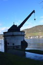 Andernach, Germany - 02 04 2021: Roman crane, Alter Kahnen in the Rhine flood Royalty Free Stock Photo