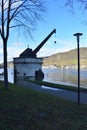 Andernach, Germany - 02 04 2021: Roman crane, Alter Kahnen in the flood Royalty Free Stock Photo