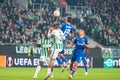 Anderson Esiti, Sammy Mmaee, Nemanja Milunovic and Jovan Mijatovic during a dangerous cross in UEFA Europa League match