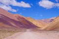 Andes landscape and the road leading to Paso De Agua Negra mountain pass, Region de Coquimbo, Chile to Argentina Royalty Free Stock Photo