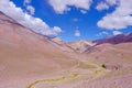 Andes landscape and the road leading to Paso De Agua Negra mountain pass, Region de Coquimbo, Chile to Argentina Royalty Free Stock Photo