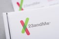 23andMe logo closeup on personal genetic test saliva collection kit