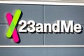 23andMe sign and logo at headquarters campus of a privately held personal genomics and biotechnology company in Silicon Valley. -
