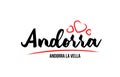 Andorra country with red love heart and its capital Andorra la Vella creative typography logo design