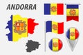 ANDORRA. Set of national infographics elements with various flags, detailed maps, pointer, button and different shapes badges.