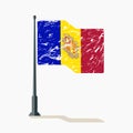 Andorran flag with scratches, vector flag of Andorra waving on flagpole with shadow.