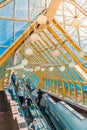 Bridge in Moscow, bright modern yellow interior inside the pedestrian bridge