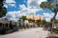 Andria, Puglia, Italy. August 2021. Beautiful view of Castel del Monte. Its original octagonal shape dominates the panorama. A