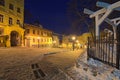 Andriyivskyy Descen uzviz at winter night. One of the most mysterious buildings at this street is Richard`s Castle