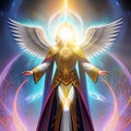 The Metatron. Ancient Archangel with wings and energy emitted from hands. Radiant face. Ai Generated image