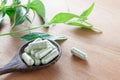 Andrographis paniculata capsule herb or creat capsule herb on wood spoon.Wood spoon and leaf, trunk creat on wood background.