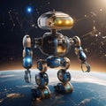 Android AI Robot Standing on Planet Universe, Artificial Intelligence Cyborg Concept Illustration Image Generative AI Royalty Free Stock Photo